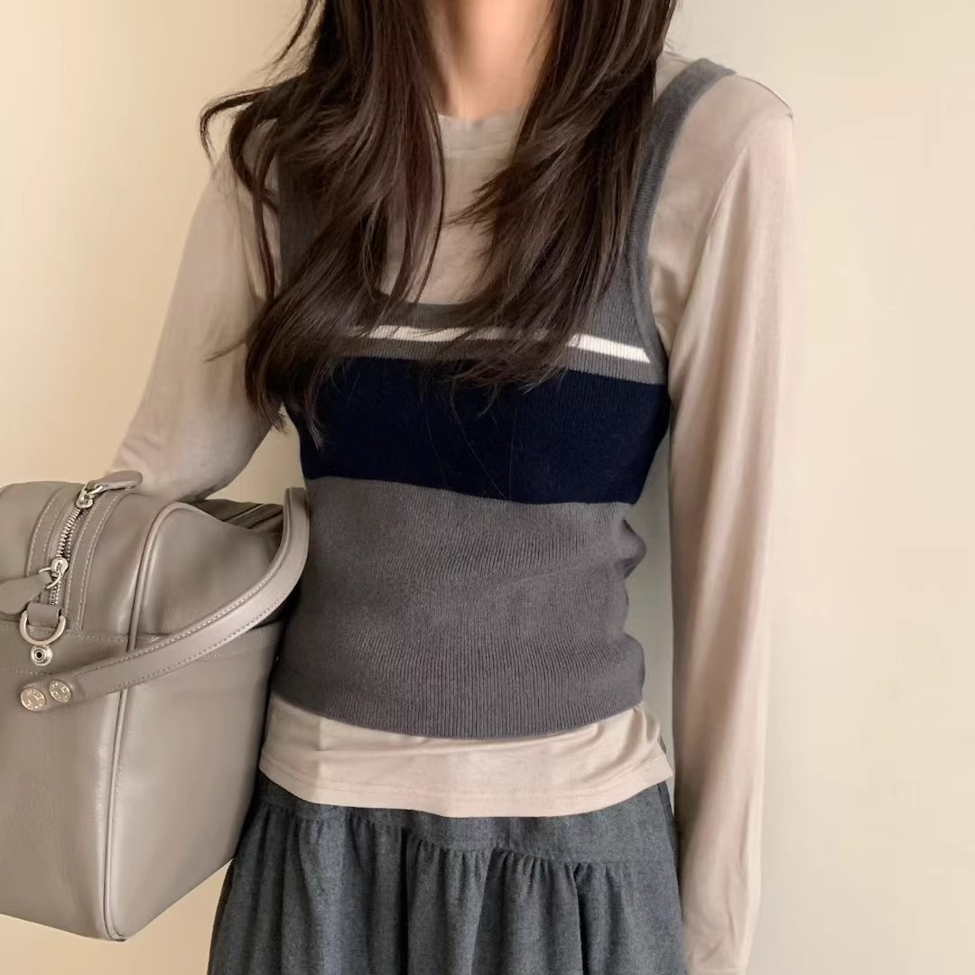 BOLDA设计感拼接图形羊毛叠穿背心韩国秋冬U领修身百搭小吊带上衣