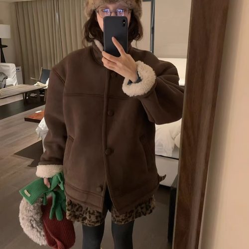 montague正品现货~皮毛一体羊羔毛翻领排扣外套韩国冬季保暖上衣