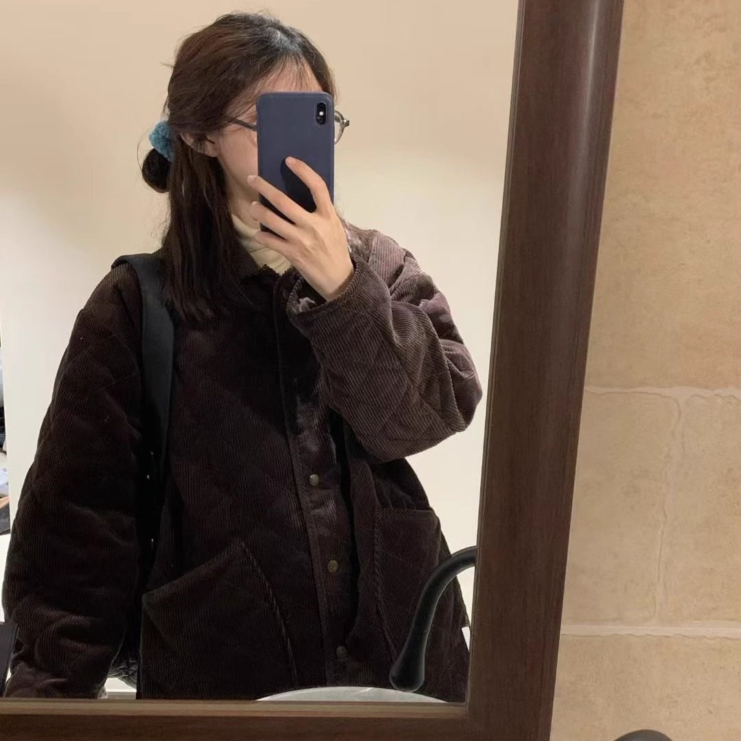 montague性价比灯芯绒棉服~翻领排扣菱格缝线加厚棉外套韩国冬季