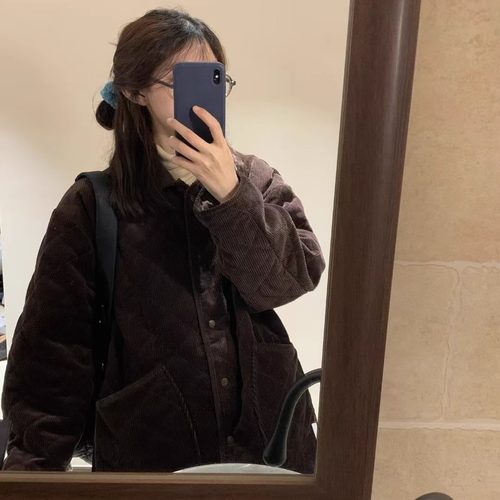 montague性价比灯芯绒棉服~翻领排扣菱格缝线加厚棉外套韩国冬季