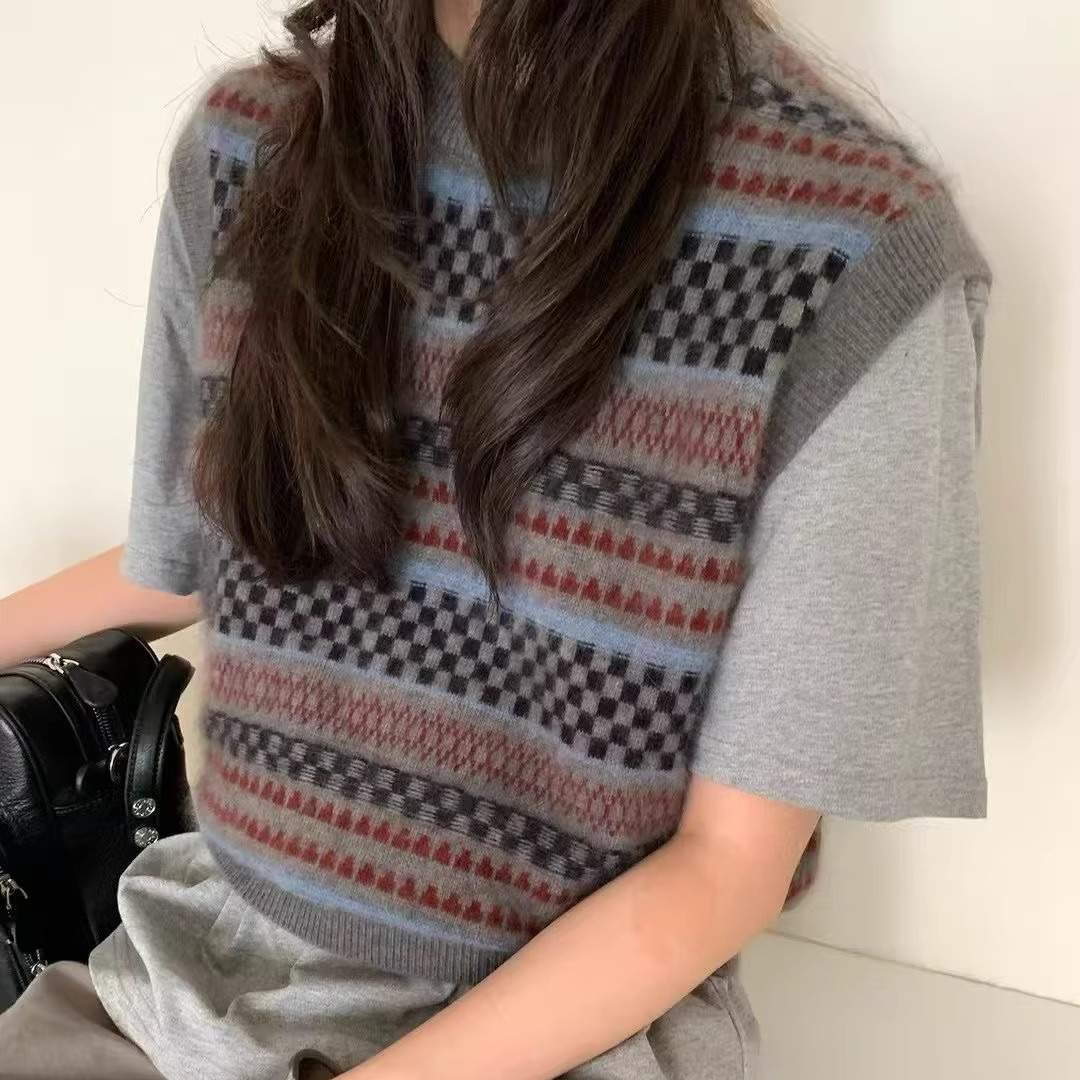 MASOF复古费尔岛风~条纹格子提花羊毛绒感马甲韩国秋冬圆领毛衣女