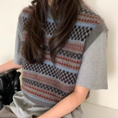 MASOF复古费尔岛风~条纹格子提花羊毛绒感马甲韩国秋冬圆领毛衣女