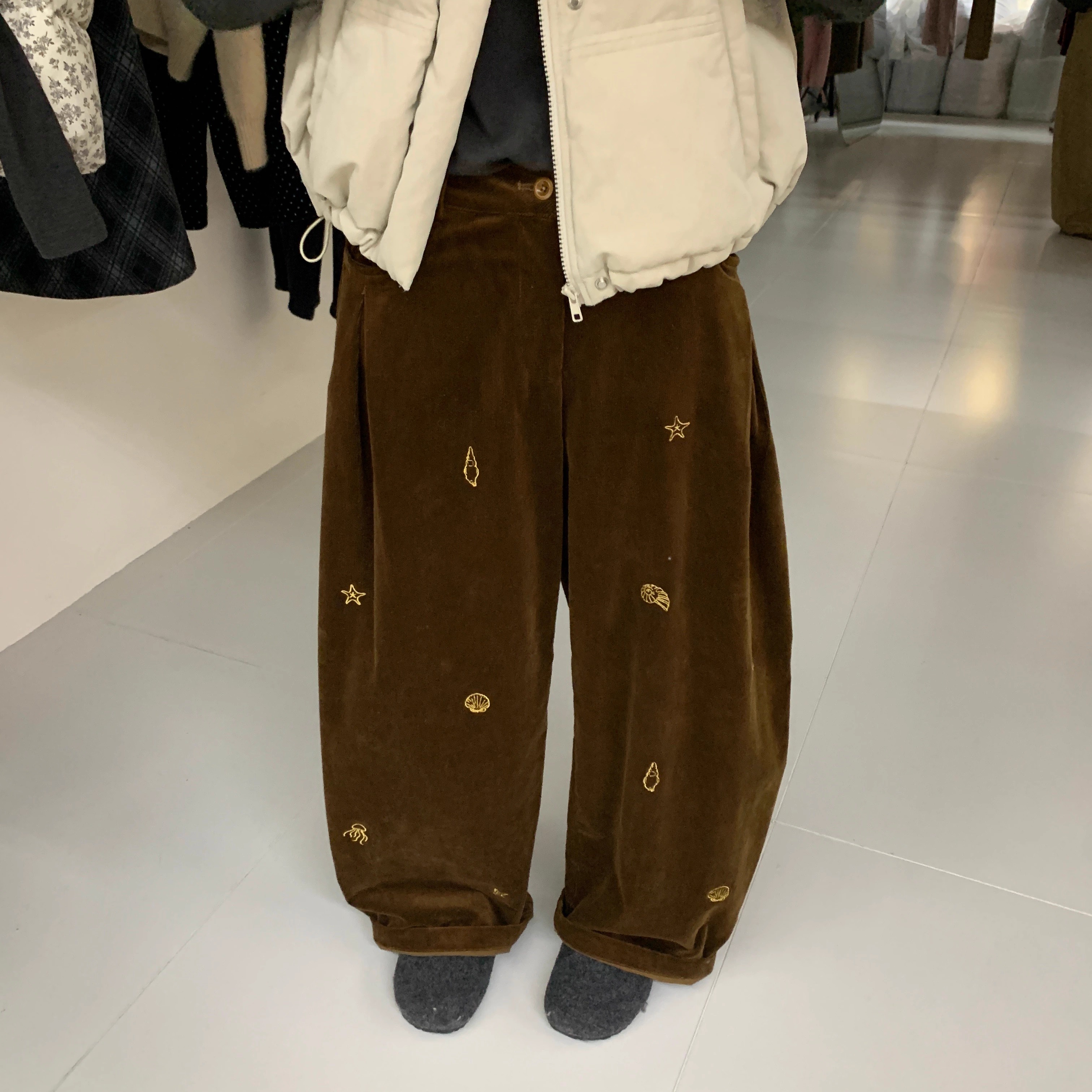 H.ONE正品现货~精致绣花灯芯绒休闲裤韩国秋冬高腰显瘦阔腿裤裤子