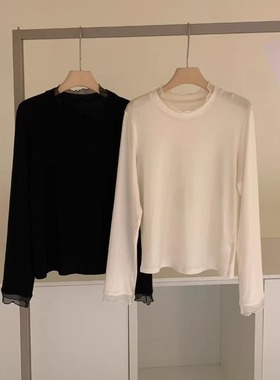 OBJECT弹软亲肤~韩国蕾丝花边拼接德绒打底衫冬季加厚叠穿长袖T恤