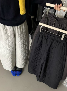 hemp保暖又好看！韩国菱格压线棉裤冬季松紧腰萝卜裤阔腿裤九分裤