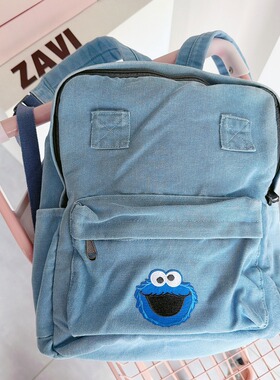 ZAVI 原创 卡通芝麻牛仔双肩包 美式复古水洗蓝旅行妈咪袋大书包