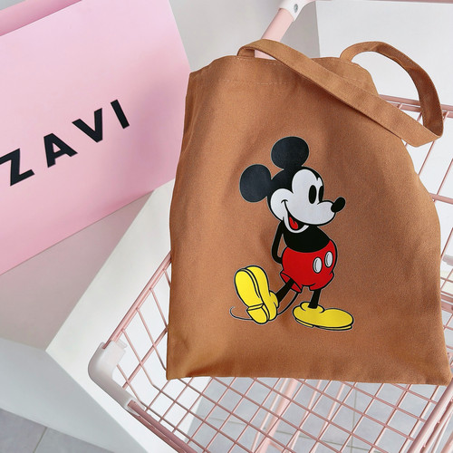 ZAVI 原创 巧克力棕色卡通老鼠帆布单肩包 方形竖款简单百搭出门