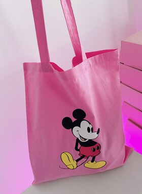 ZAVI 原创 甜美玫粉红棕黄绿色字母老鼠单肩包 薄款棉布袋少女心