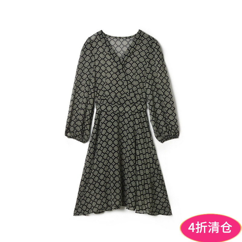 奥莱专柜品牌撤柜正品 UW春装2025新款复古气质印花长袖V领连衣裙