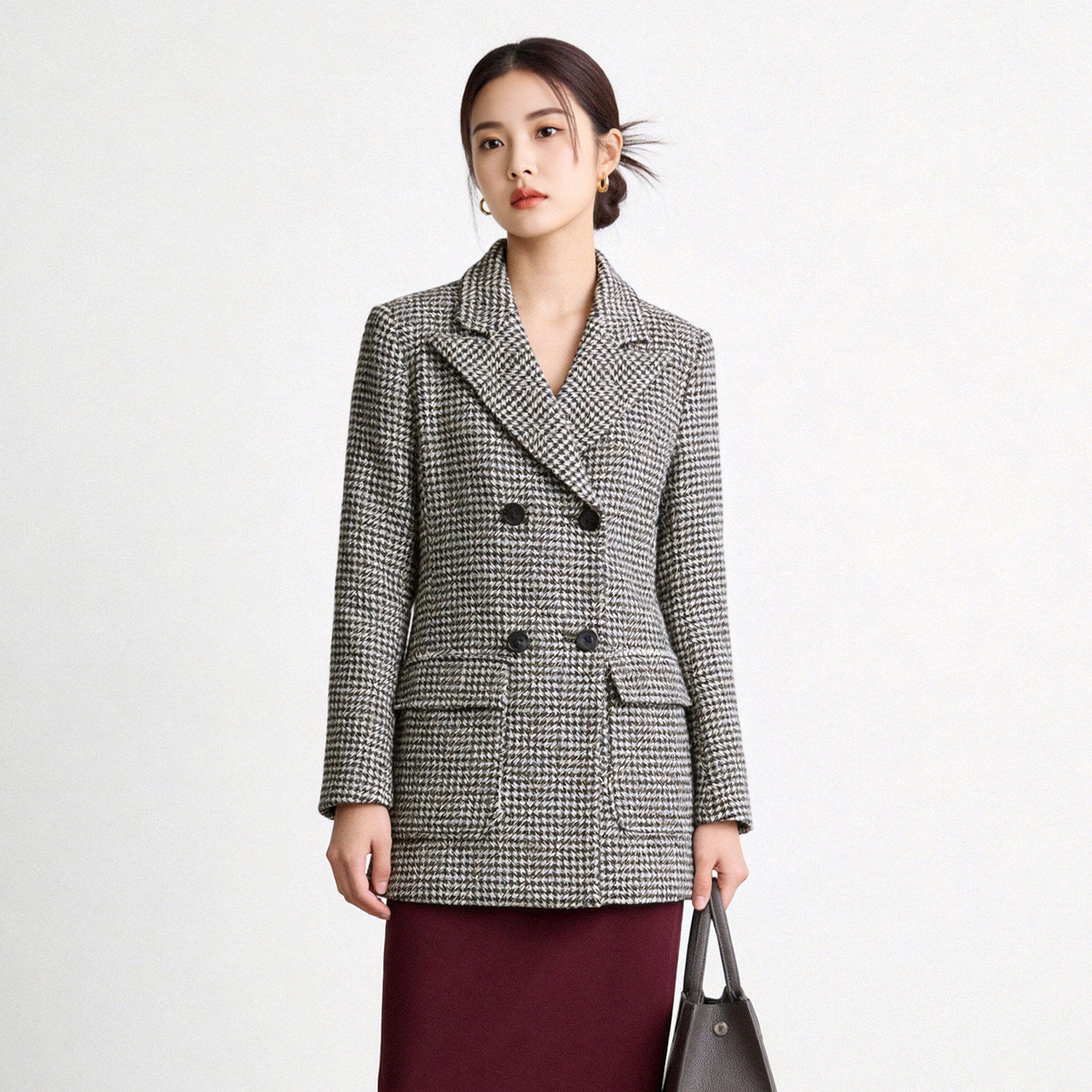 2026年秋Outlets正品 高端ZO系列复古千鸟格双排扣百搭西装外套女