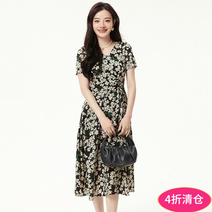 优雅气质印花中长裙连衣裙 新款 奥莱专柜撤柜正品 汉货精品HH夏装