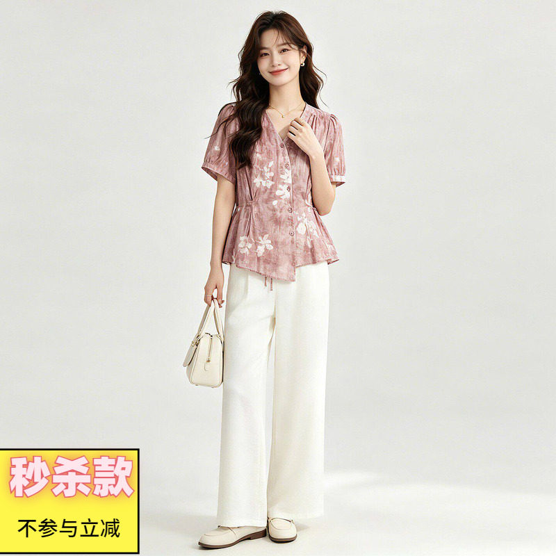 上衣+松紧腰直筒裤两件套装
