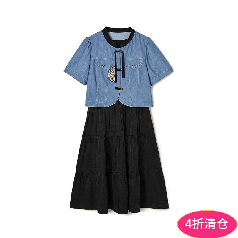 2026年夏装Outlets专柜 JI系列 单排扣复古国风上衣+中裙两件套装
