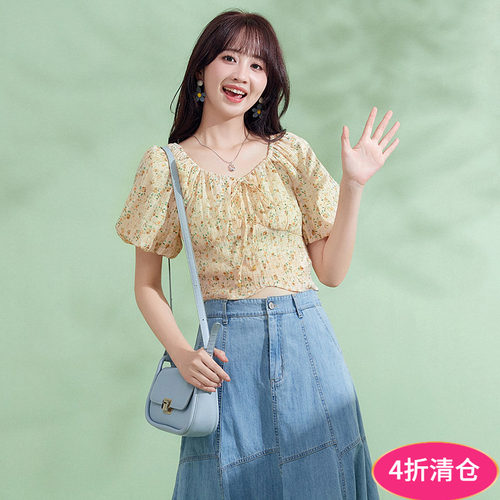 碎花五分袖减龄高腰衬衫