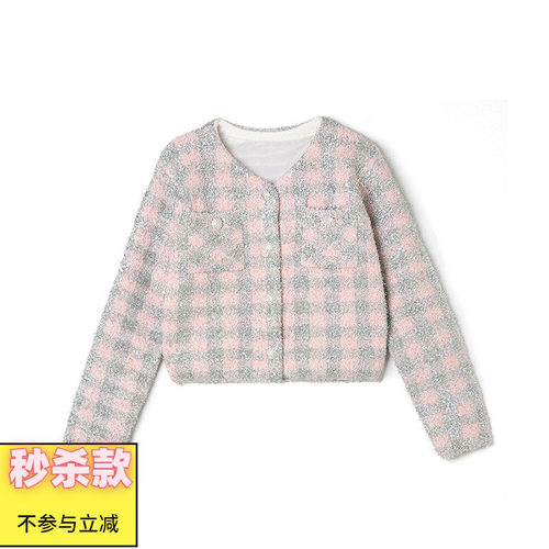 格纹单排扣短款外套女