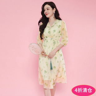 V领裙子连衣裙 奥特莱斯品牌折扣 KA夏装 2024新款 淡雅印花七分袖