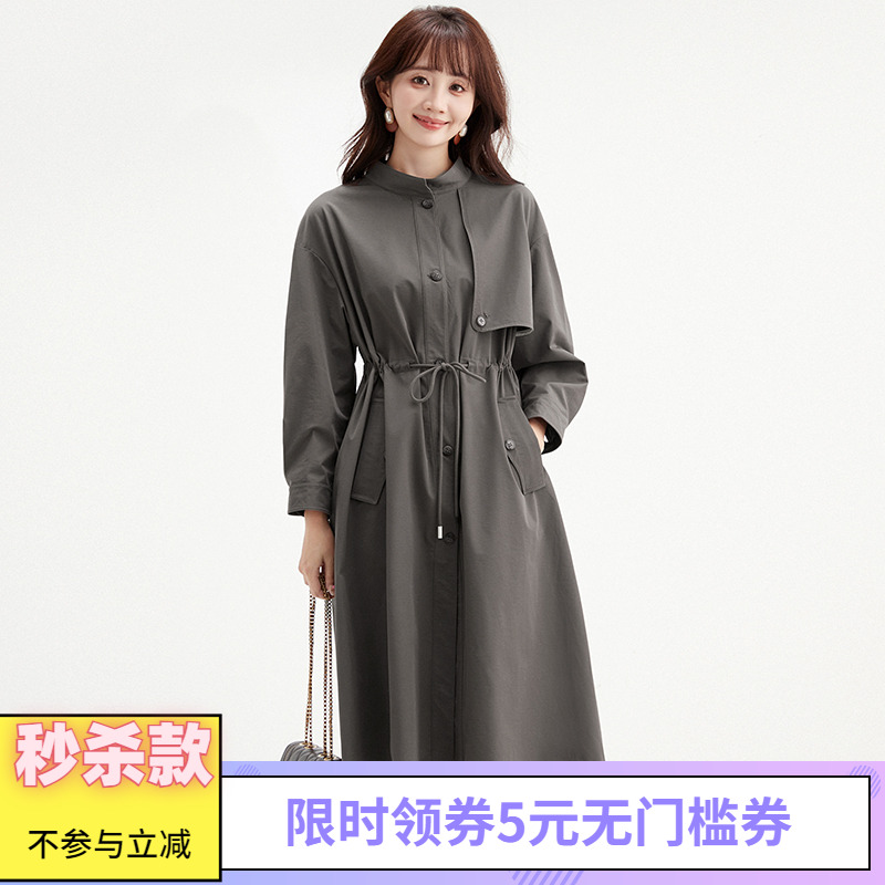 松紧腰加长款风衣外套