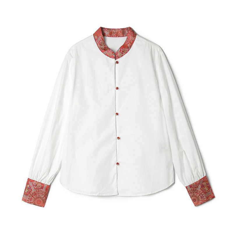 2026年春Outlets专柜 深圳南油NY系列拼色国风立领上衣宽松衬衫女,女装/女士精品,衬衫,淘宝优惠券,粉丝福利购,淘宝优惠卷