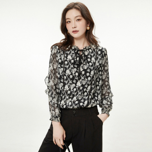 2025年秋装Outlets专柜 高端XY系列时髦印花上衣套头长袖雪纺衫女