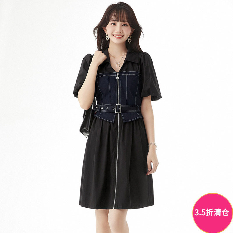 奥莱专柜品牌撤柜正品 YV夏装2025新款 牛仔拼接中裙高智感连衣裙
