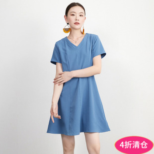 通勤短裙V领短袖 奥莱专柜品牌撤柜正品 时尚 2025新款 连衣裙 QY夏装