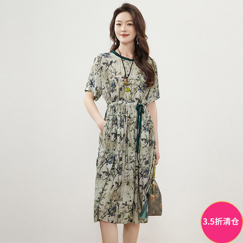 2025年夏Outlets正品 高端RJ系列端庄大气中长裙系带妈妈装连衣裙