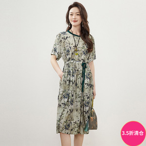 2025年夏Outlets正品 高端RJ系列端庄大气中长裙系带妈妈装连衣裙