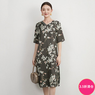 复古印花中长裙套头V领连衣裙 高端QY系列 2025年夏装 Outlets专柜