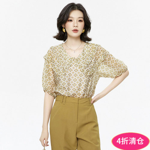 民族风印花宽松五分袖衬衫
