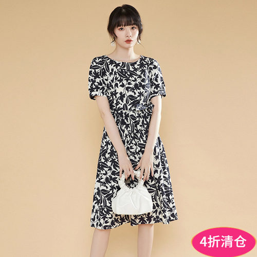 棉质印花中长连衣裙女