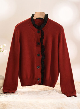 奥莱专柜品牌撤柜正品 HZ冬装新款 拼接木耳边复古羊毛开衫毛衣女