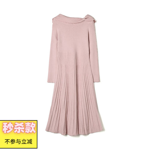 压褶毛衣中长连衣裙女