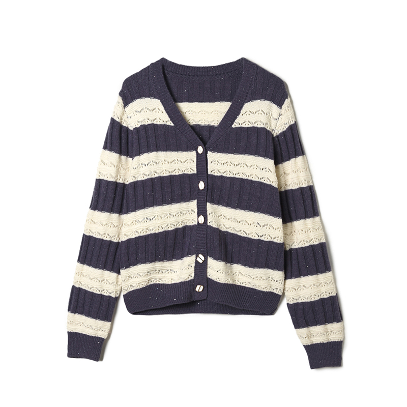 条纹单排扣上衣长袖针织衫