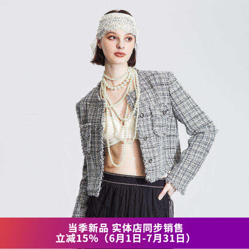 粗花呢毛边装饰长袖短外套