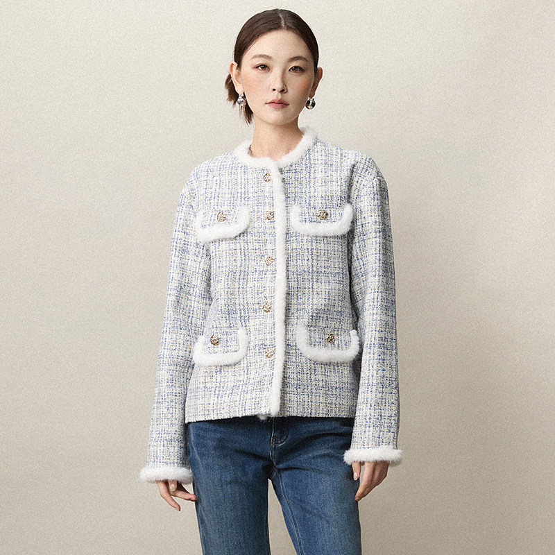 2025年冬Outlets正品 高端RU系列小香风单排扣上衣拼接毛绒外套女,女装/女士精品,短外套,淘宝优惠券,粉丝福利购,淘宝优惠卷