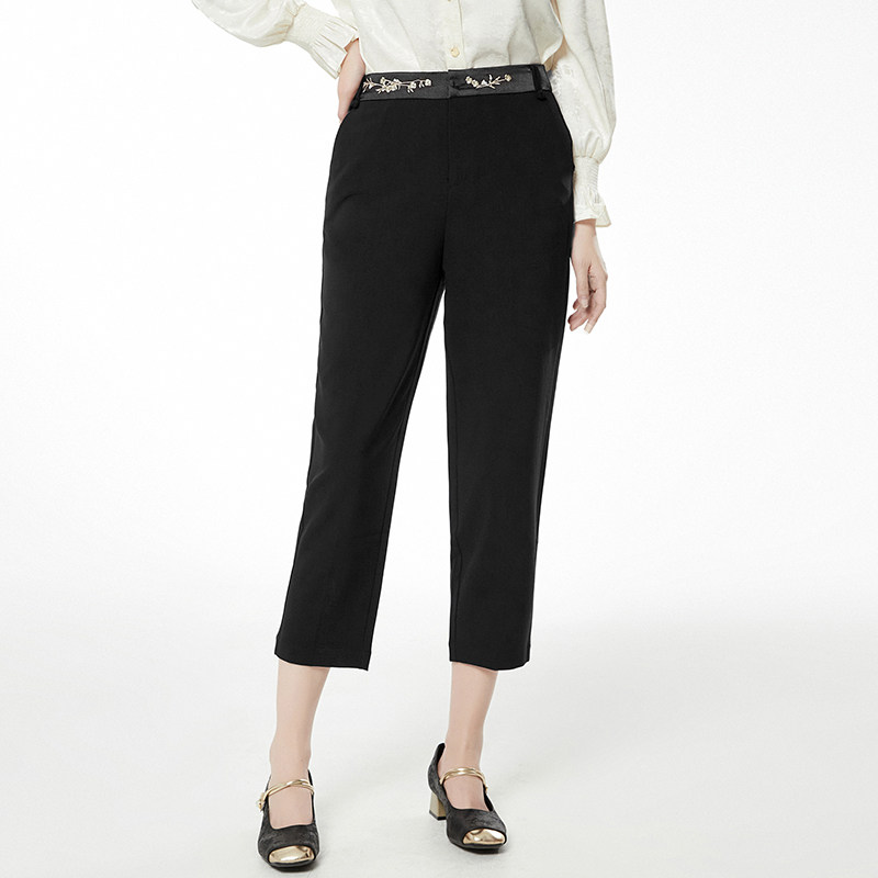 奥特莱斯品牌折扣 NY春季新款撤柜正品 刺绣图案九分裤休闲裤女