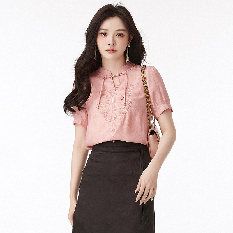 减龄短袖上衣套头立领衬衫