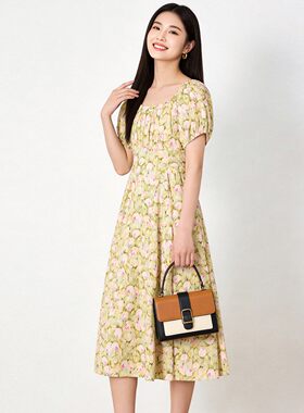 2026年夏装Outlets专柜 高端KQ系列法式优雅减龄碎花泡泡袖连衣裙