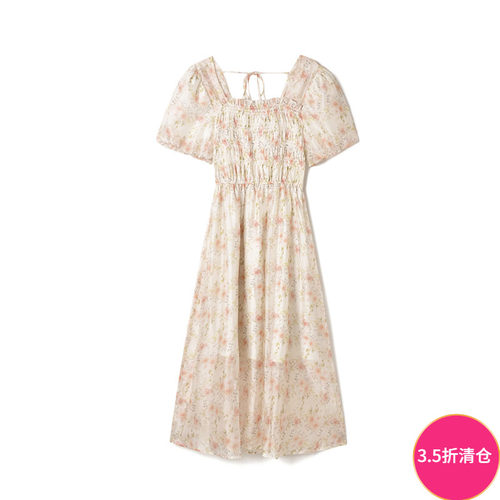 印花中长裙松紧腰连衣裙