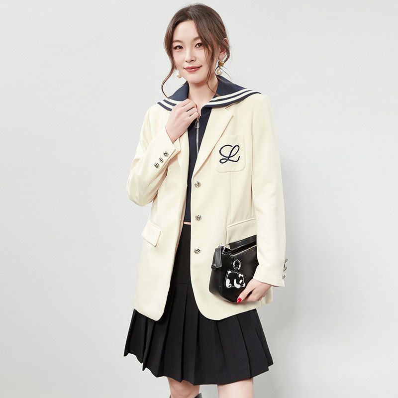 奥莱专柜正品 RB春装2026新款 学院风拼色假两件中长款西装外套女