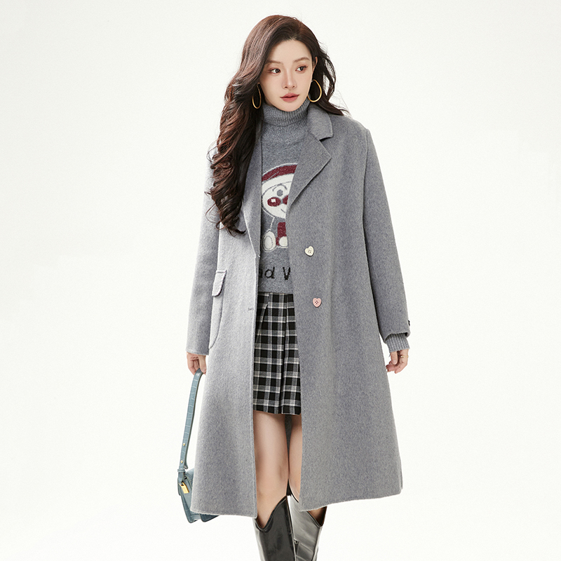 单排扣加长款双面尼大衣