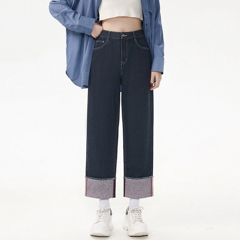 奥莱专柜正品 RB秋装2026新款 时尚修身卷边九分裤直筒裤牛仔裤女