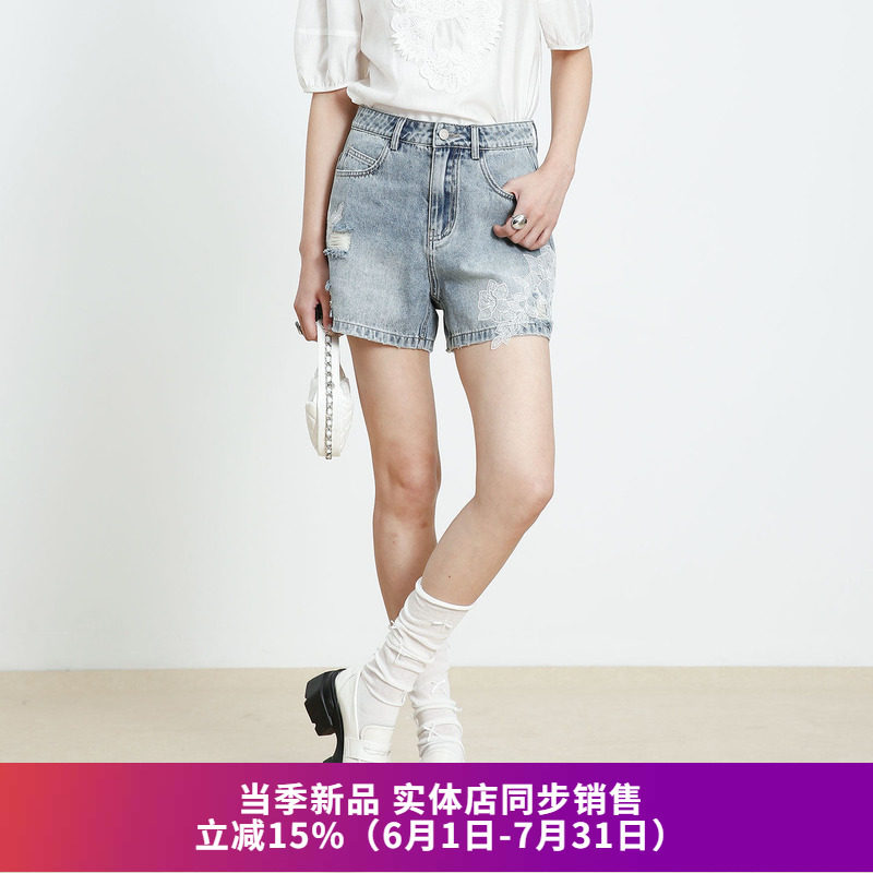 休闲高腰破洞牛仔短裤