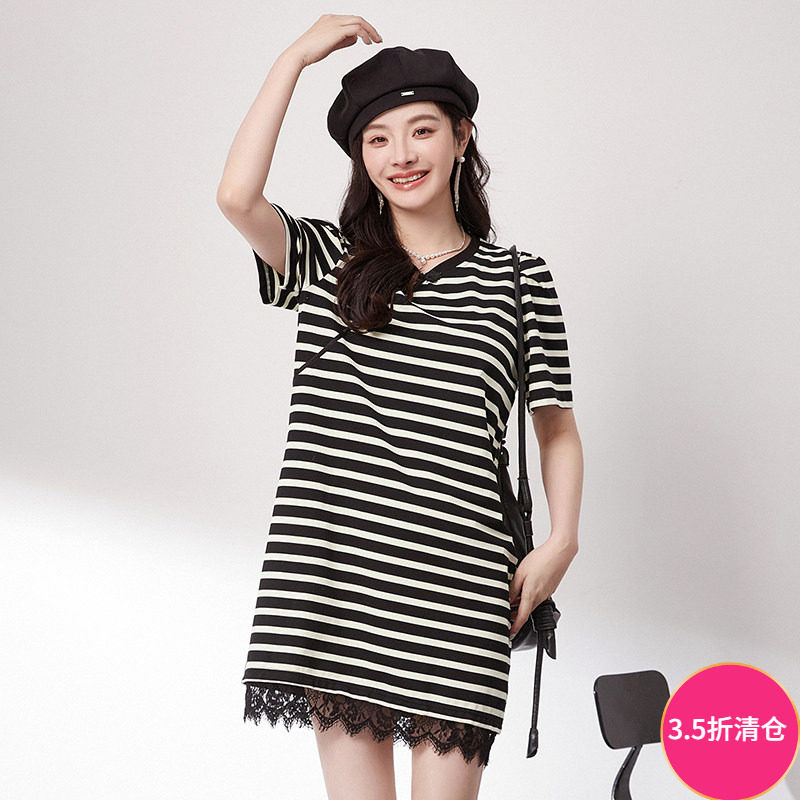 Outlets专柜撤柜正品南油N系列夏装新款 蕾丝拼接条纹中裙连衣裙