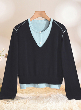 奥莱专柜品牌撤柜正品 HZ冬装2025新款 假两件设计羊毛套头毛衣女