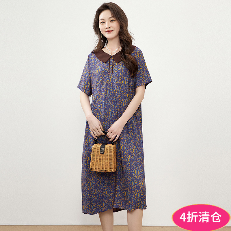 印花中长裙短袖妈妈装连衣裙