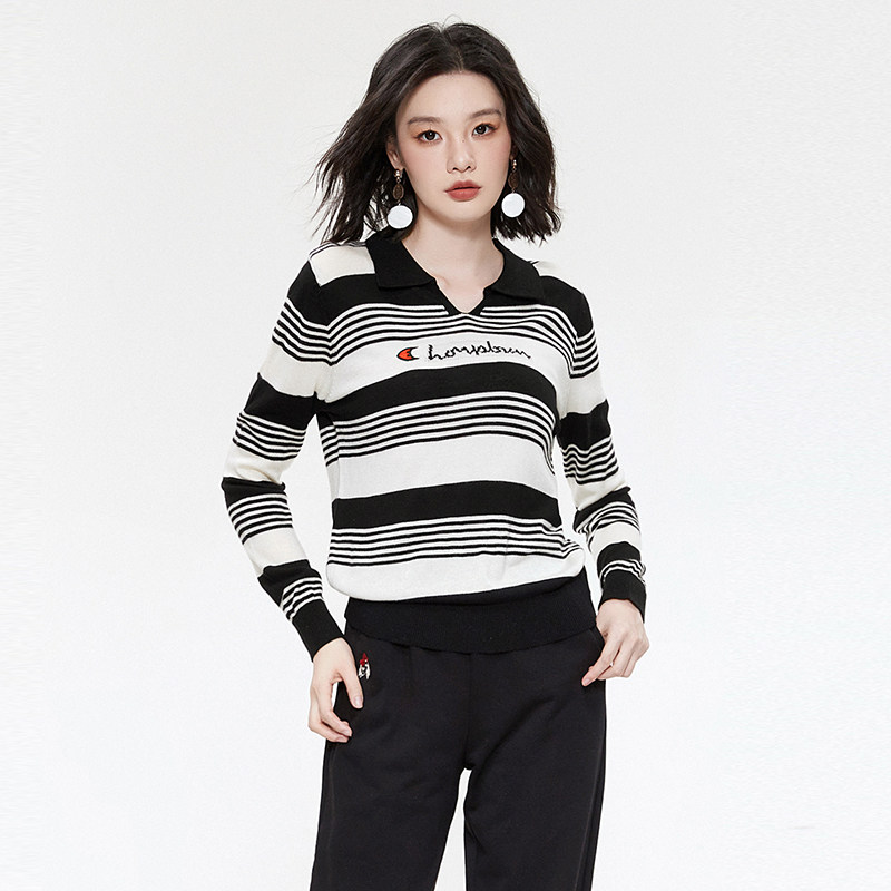 2025年秋Outlets正品 高端HC系列拼色设计翻领上衣减龄款针织衫女,女装/女士精品,毛针织衫,淘宝优惠券,粉丝福利购,淘宝优惠卷