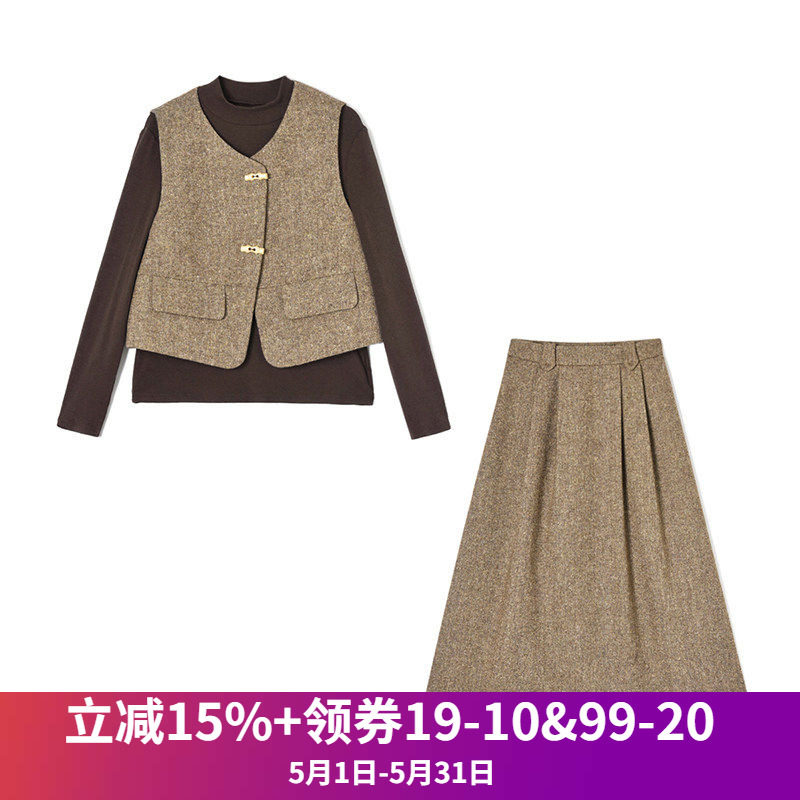 奥莱专柜品牌撤柜正品 YF春装新款 宽松马甲+上衣+半身裙三件套装