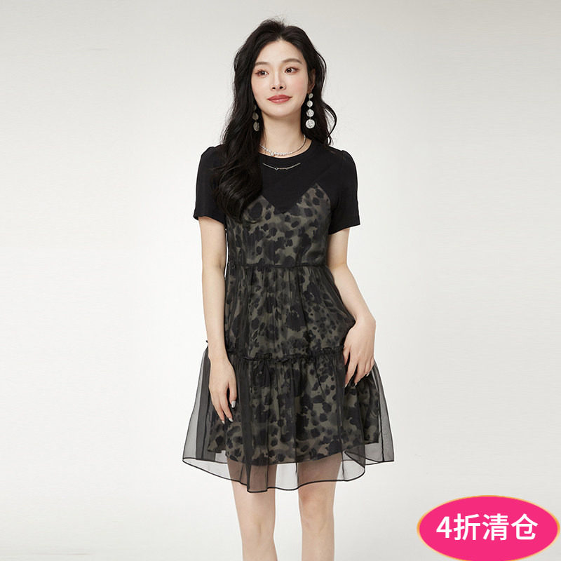 Outlets专柜撤柜正品 ZW夏装2025新款拼接设计中裙套头短袖连衣裙