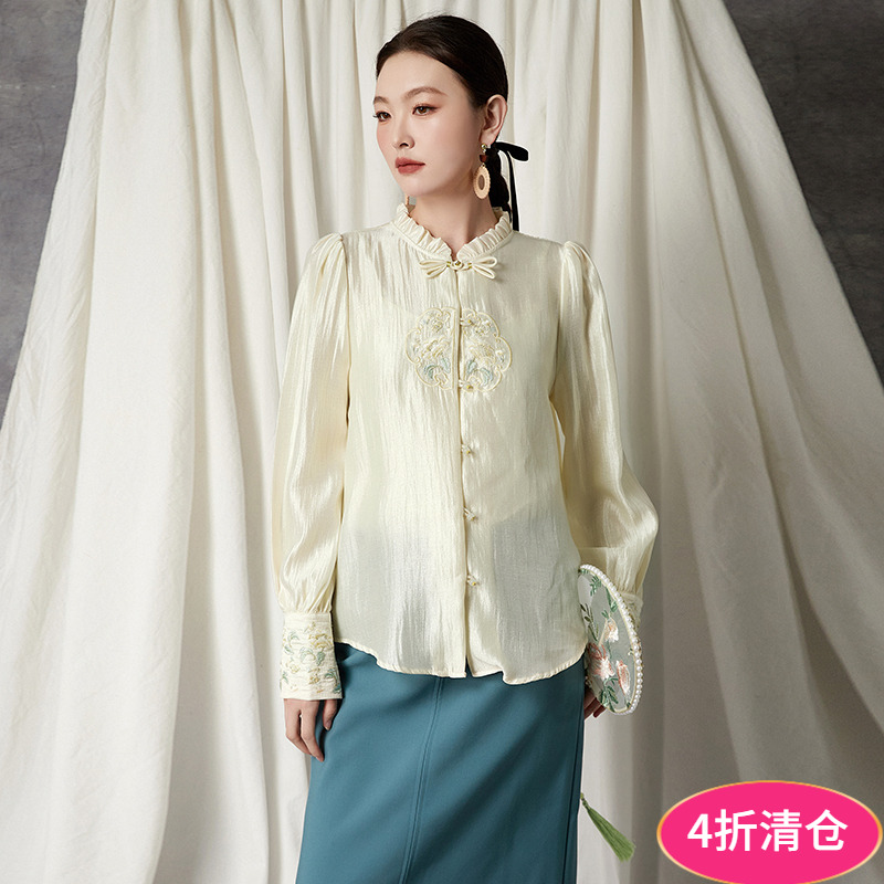 2025年秋装Outlets专柜 YS系列国风绣花复古上衣含醋酸长袖衬衫女